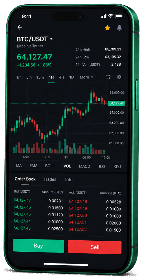 Plataforma Granvia Bitnova móvil — gráfico en directo BTC/USDT, libro de órdenes y panel de compra/venta